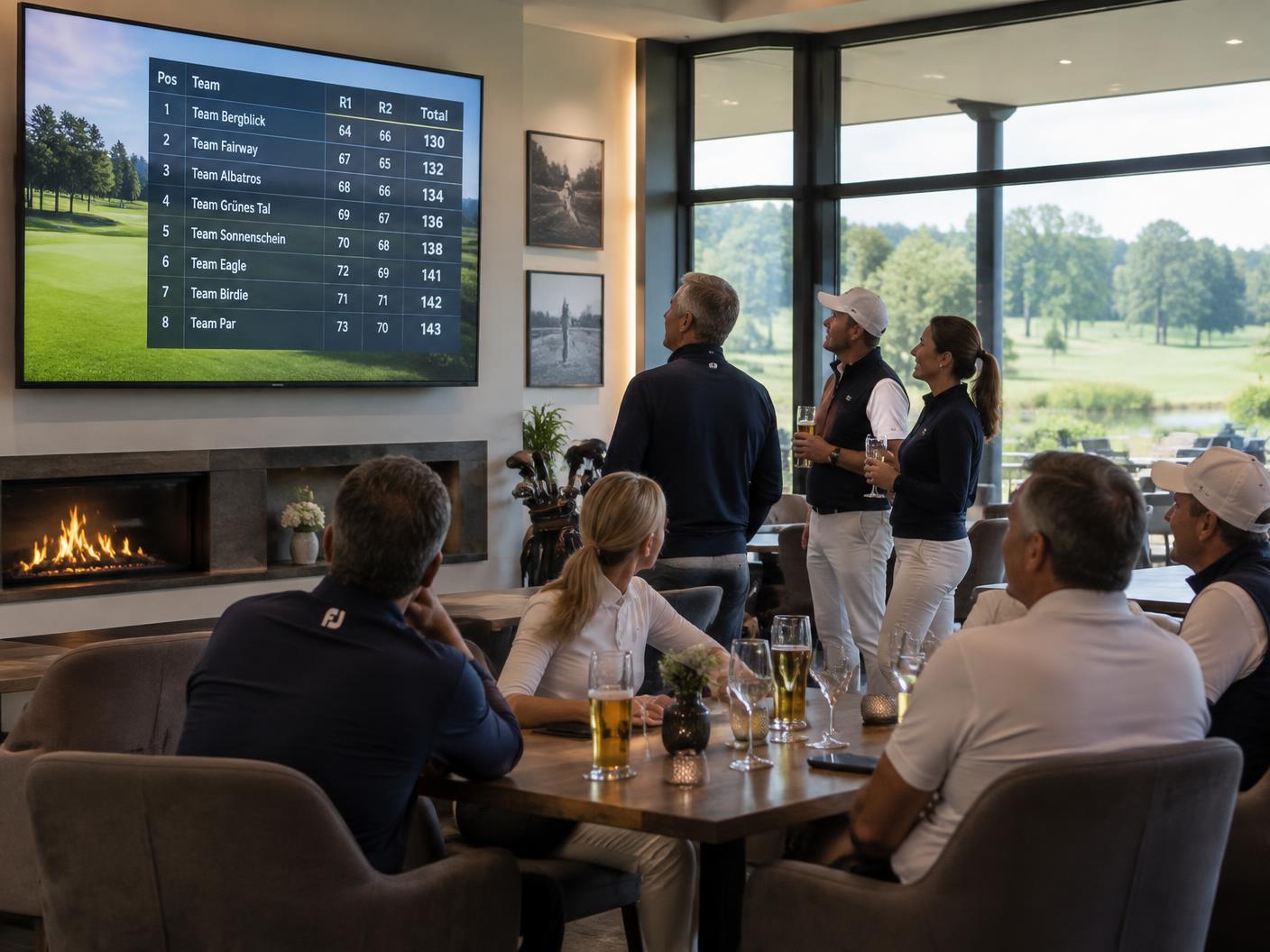 Golfers following tournament results together in the clubhouse