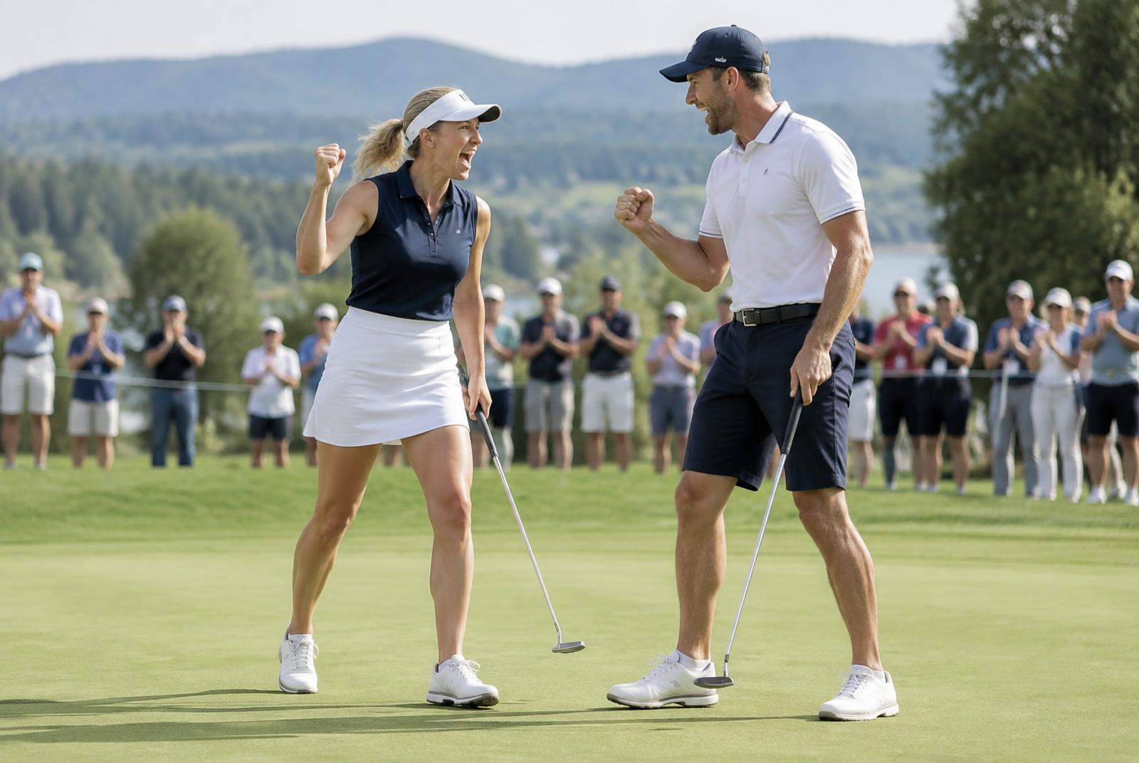 A two-player golf team celebrating together in competition