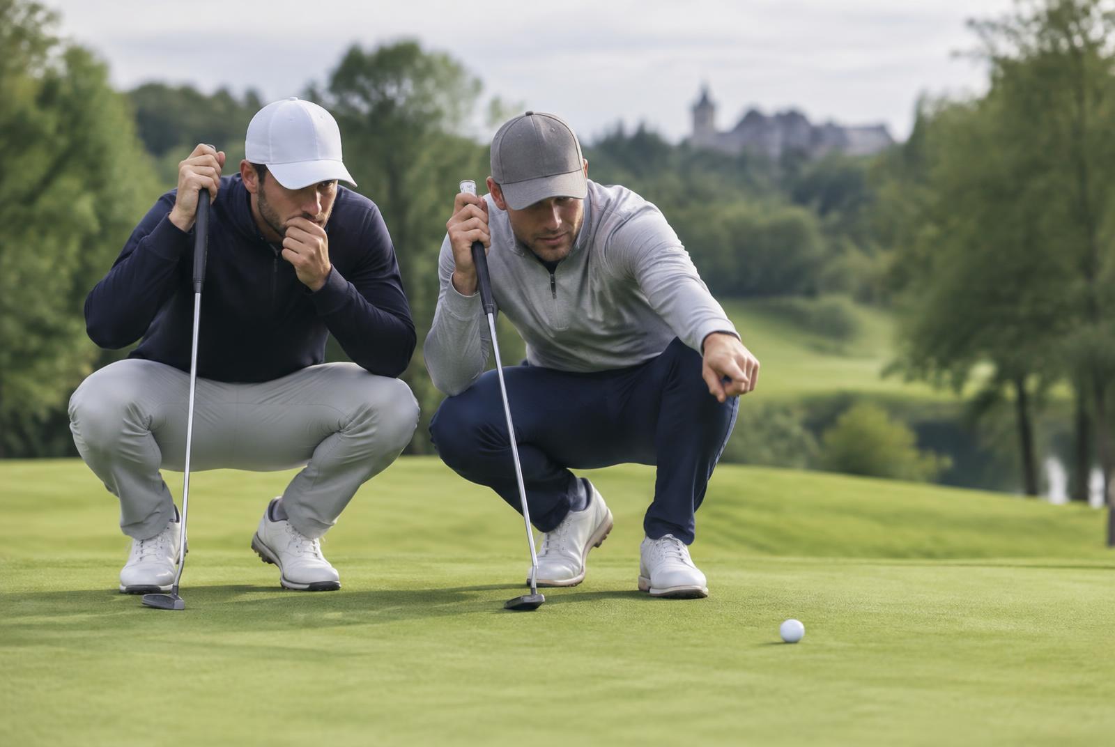 Two partners reading a putt together